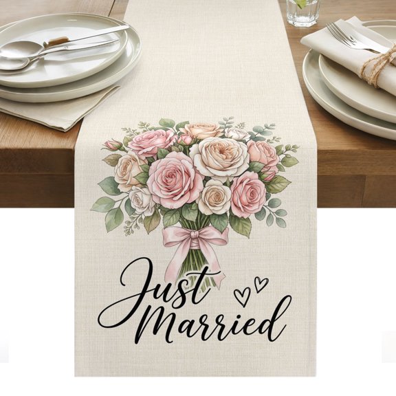 Rose Bouquet Cotton Linen Table Runner Bridal Shower Floral Just Married Elegant Dining Table Runners for Home Decor Party Dining Room Restaurant Kitchen Party 13" x 48"