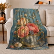 Rose Bouquet Cup with Butterflies Illustrated Print Soft Flannel Blanket, Romantic Vintage Style for Flower Lovers, Anniversary Gift for Bedroom and Sunroom, Home Decor