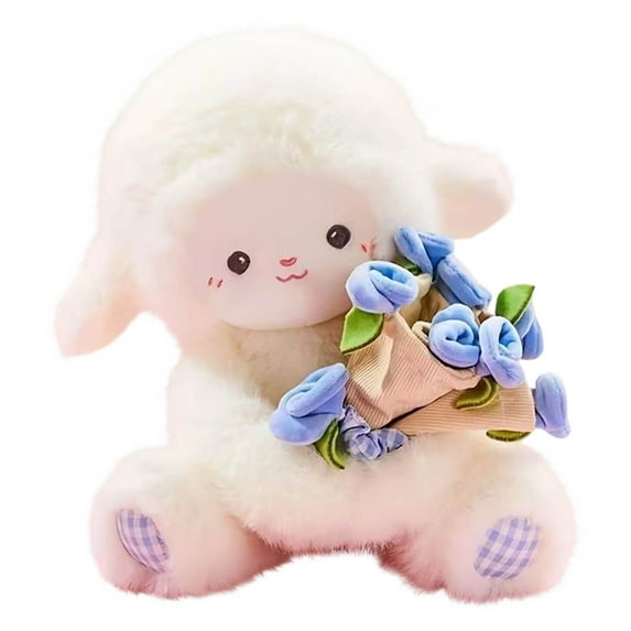 Rose Bouquet Hat Plush Lamb Doll - Cute Stuffed Animal Pillow - Soft and Cuddly Toy for Kids and Adults (11.81in, Blue)