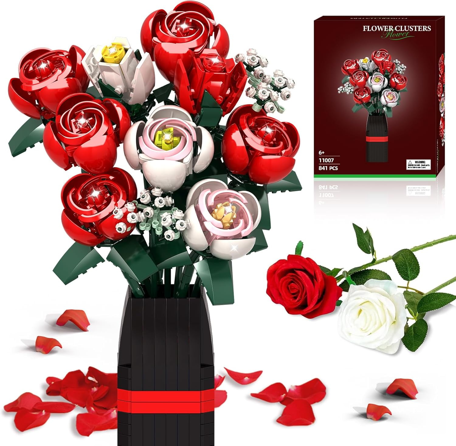 OKKIDY Rose Bouquet Building Kit, 841PCS Faux Rose Plants with Vase, Compatible with Lego, Valentine's Day for Adults and Kids Ages 6+