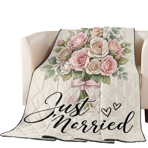 Rose Bouquet Quilted Comforters Cooling Blanket King Size, Bridal Shower Floral Just Married Elegant Cold Comfort for Hot Sleepers Lightweight Air Conditioning Quilt Blanket for Bed