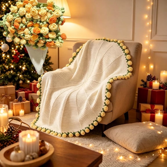 Rose Bouquet Throw Blanket, 23.6 Inch Decorative Floral Cover with Elegant Lace Edges and Cozy Soft Feel, Charming Home Accent for Sofas Beds Office Spaces Nap Time and Holiday Gift Giving