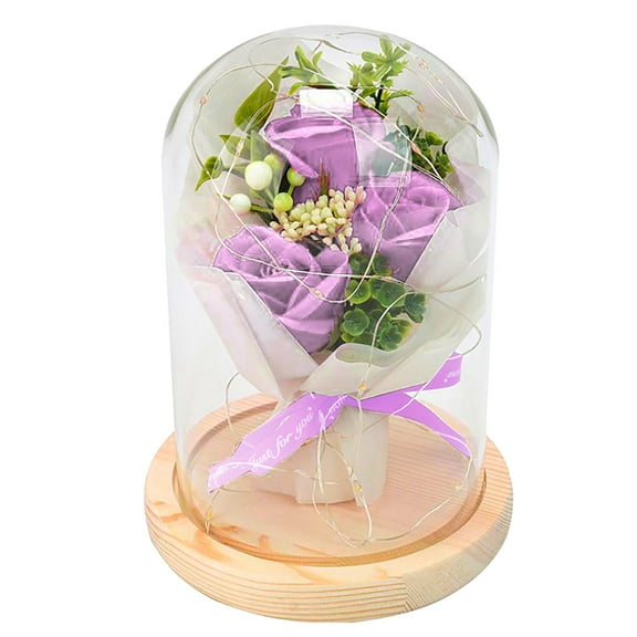 Rose Bouquet Valentine's Day Gift Eternal Flower Glass Cover Led Light Gift Box New Artificial Flowers, Purples