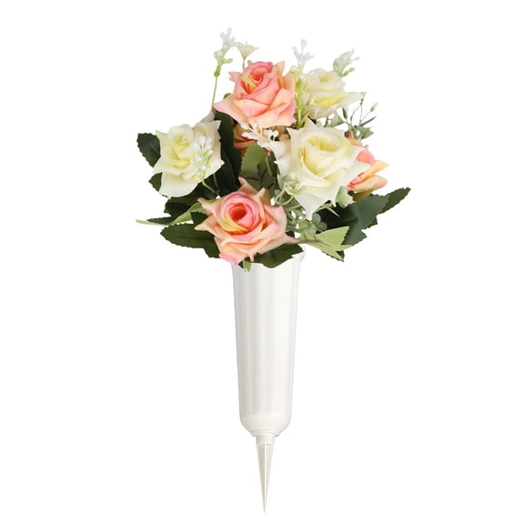Rose Bouquet with Bucket Set, Cemetery Flowers Silk, Memorial Bouquet Artificial, Weather-Resistant Grave Decorations