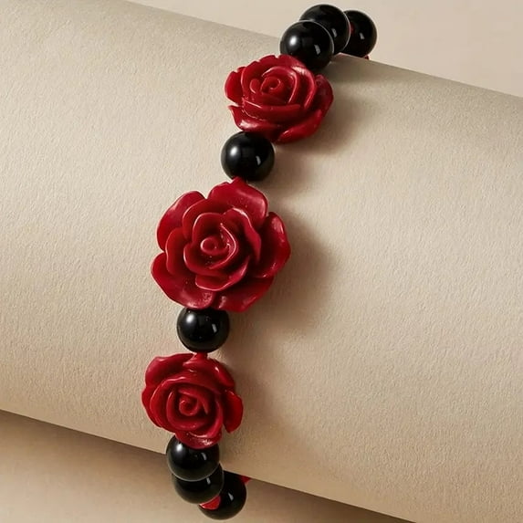 Rose Bracelet Valentines Day Red Roses Beaded Braided Floral Gothic Jewelry