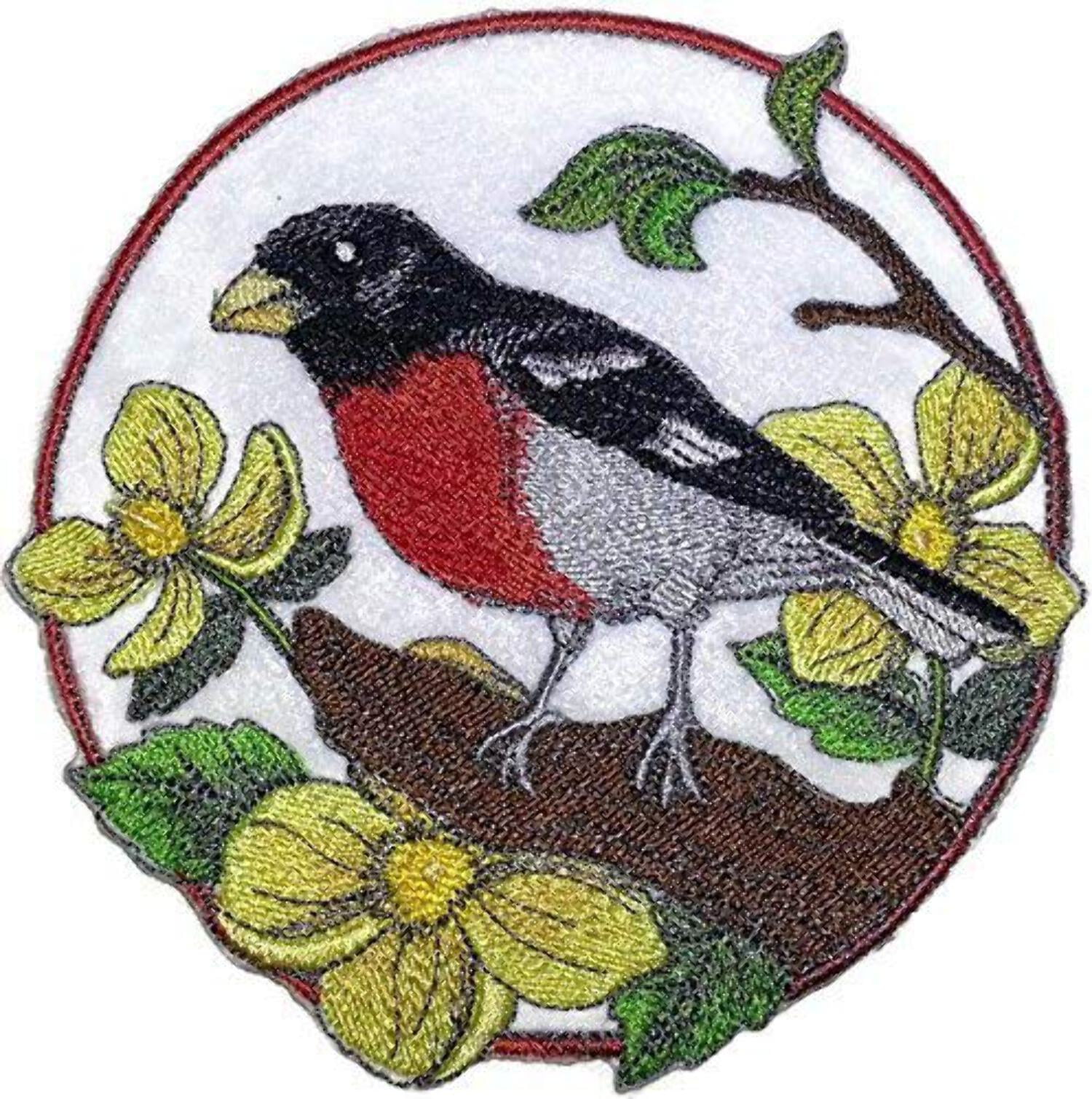 Rose Breasted Grosbeak and Woody Poppy Embroidered Iron on Patch [5.83" X 5.86"]