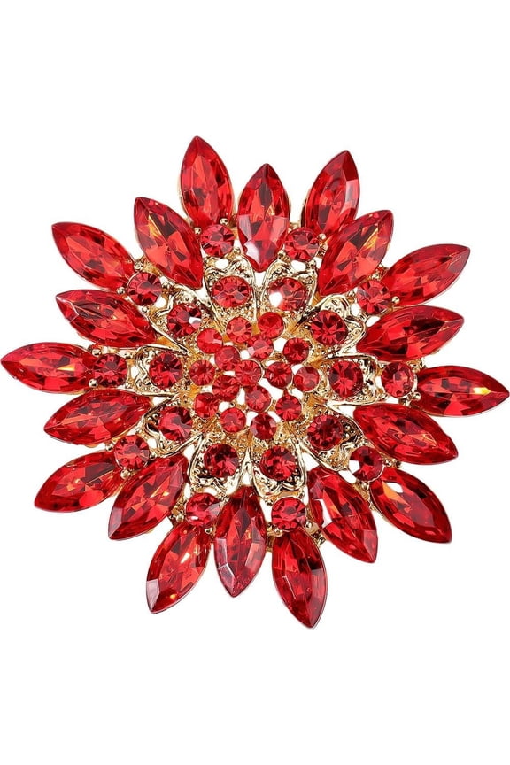 Rose Brooch Pin Rhinestone Red Floral Flower Decorative Alloy Dress Brooches for Women Wedding Bridal Banquet Cocktail Dance Party Accessory Jewelry Valentines Day Gift Gold