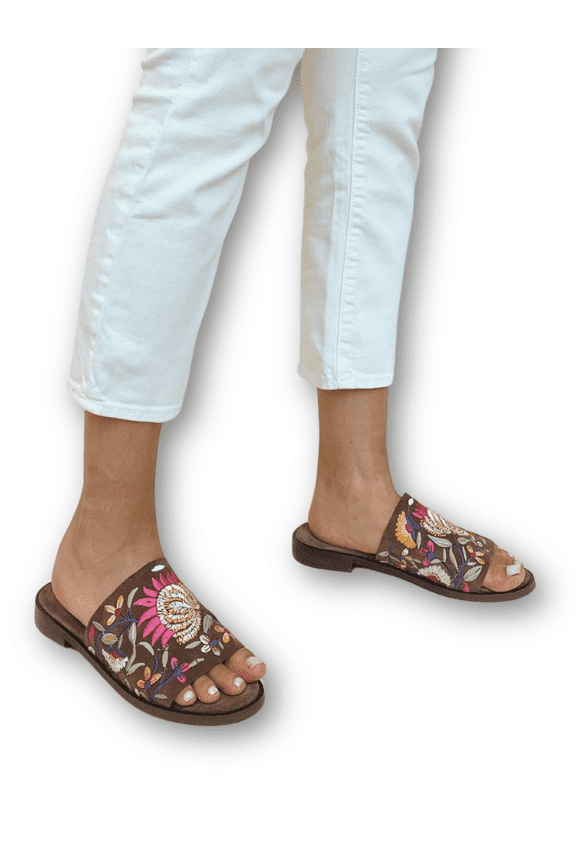 Rose Brown embroidered suede leather Mule