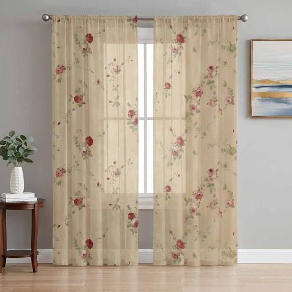 Rose Bud Flowers Sheer Curtains 96 Inch Length 2 Panels Set, Vintage Cottagecore Farmhouse Florals Voile Window Treatment Semi Sheer Long Curtains Drapes for Bedroom/Living Room/Kitchen 52"x96"x2