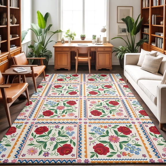 Rose Buds Floral Washable Area Rug 6 x 9 ft Mediterranean Style Vintage Geometric Soft Non Slip Rugs Stain Repellent Indoor Felt Carpet for Living Dining Room Bedroom Home Office