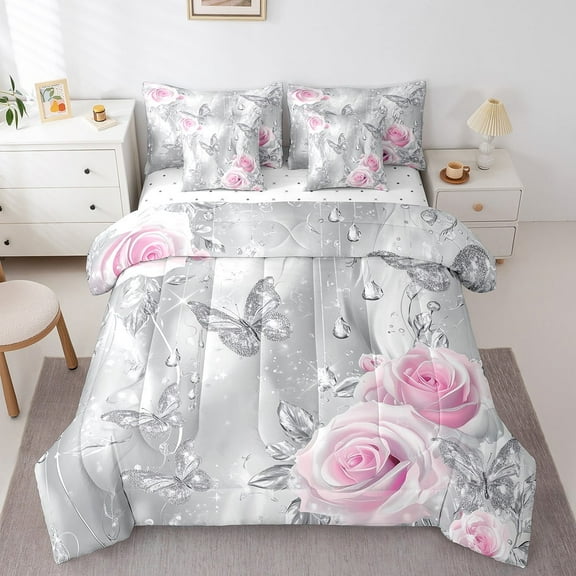 Rose Butterfly 7 Pieces Bedding Set King Bed in a Bag,Pink Silvery Romantic Comforter Set with Comforter,Flat,Fitted Sheet,Pillowcases,Pillow Covers,Butterfly Valentine Soft Warm Bedding
