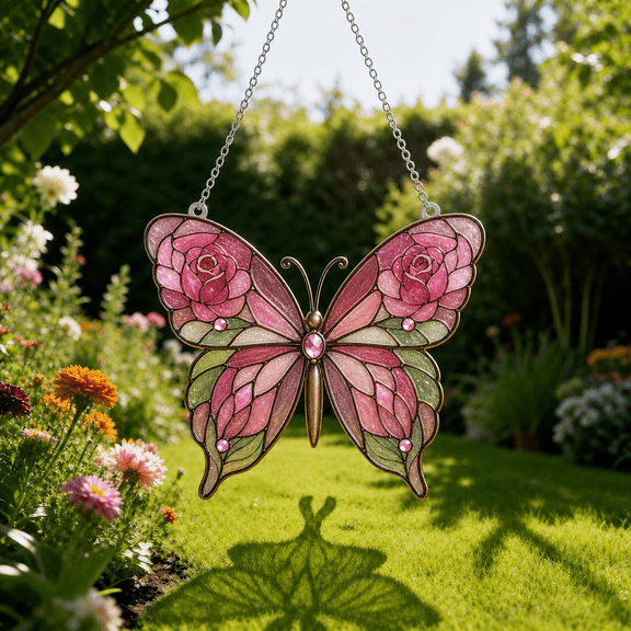 Rose Butterfly Acrylic Suncatcher Window Hanging Gift for Mom or Garden Lover