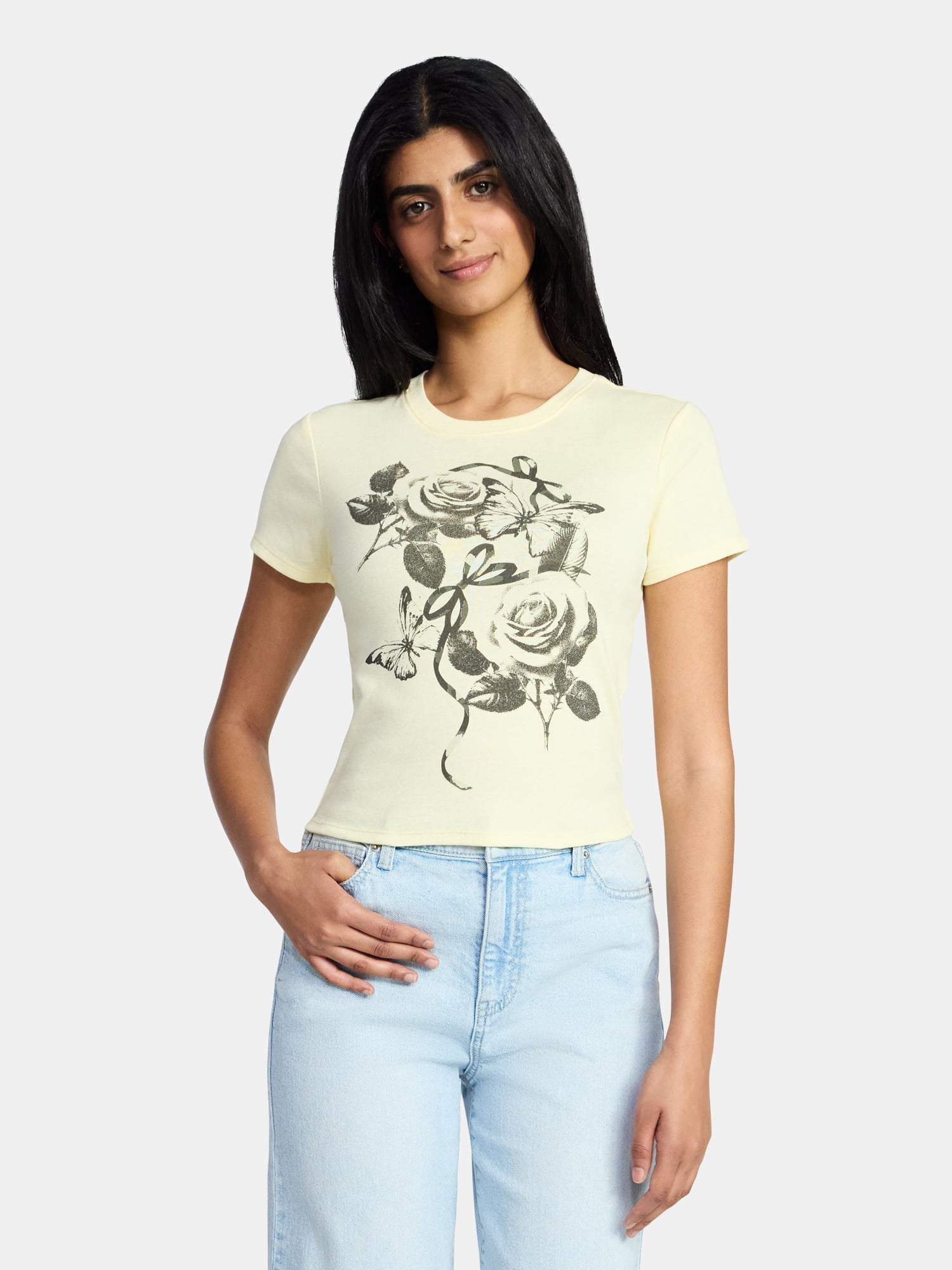Bow Grid Watercolor Women's Graphic Cropped Baby Tee with Short Sleeves, Sizes XXS-XXL