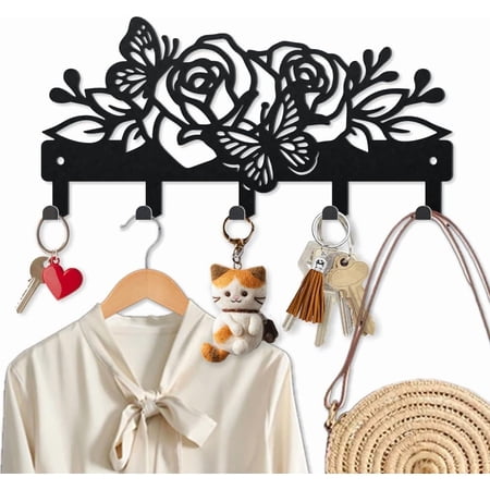 Rose Butterfly Key Holder Wall Mount 4.7×9.8inch Midnight Flower Metal Towel Hook Coat Hanger with 5 Hooks Black Aesthetic Wall Decorative Key Rack for Entryway Hallway Kitchen Office