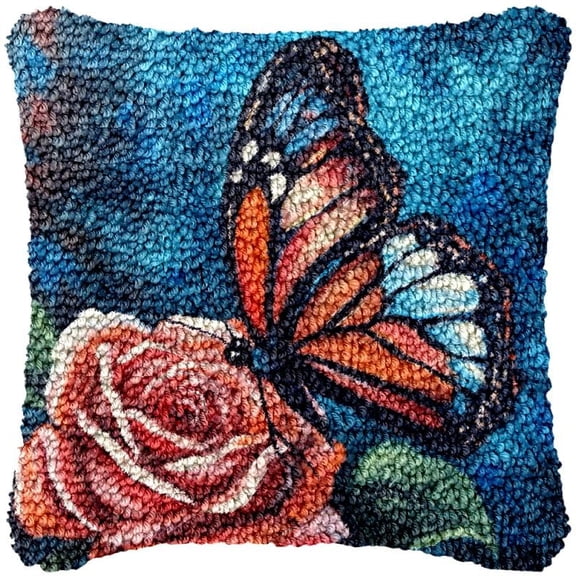 Rose & Butterfly Latch Hook Kits Pillow DIY Rug Crochet Hook Cushion Making Kits Printed Pattern Canvas Pillowcase Hooking Kits Pillow Cover Crochet Kits 43x43cm(fa11)