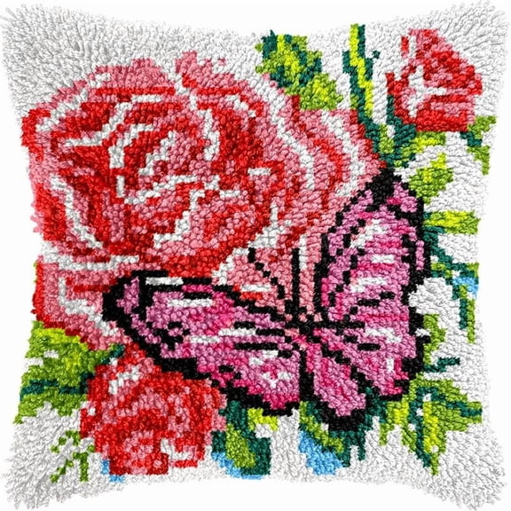 Rose & Butterfly Latch Hook Pillows Kits Cushion Pillow Cover with Pattern Printed Canvas Sofa Crafts Adults Embroidery Cross Stitch making Hooking Crochet Kits 17x17 inch(204)