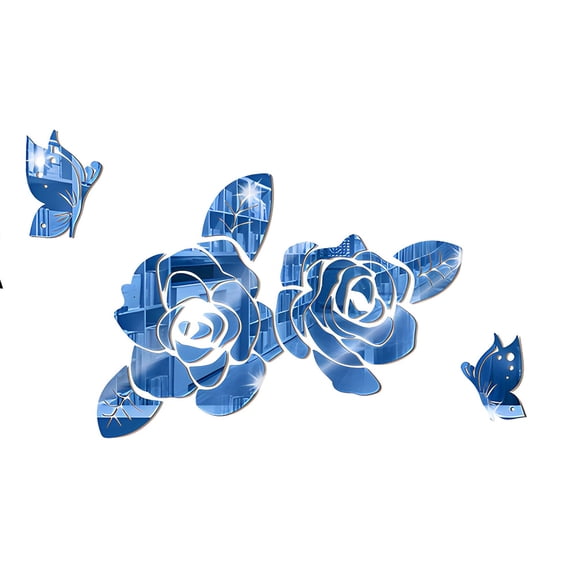 Rose Butterfly Mirror Wall Sticker Floral Mirror Decals DIY Plastic Mirror Tiles Self-Adhesive Butterfly Flower Mirror Wall Decors for Living Room Bedroom Office Sofa Background Wall Decoration Blue