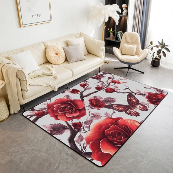 Rose Butterfly Rug,Red Flowers Animals Decor Area Rug For Girls Women Men Teens,Natural Floral Scenery Non Shedding Rug For Bedroom Playroom Living Room 3x4ft