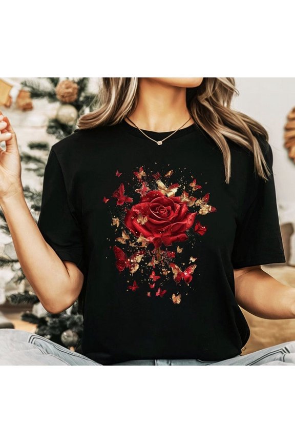 Rose Butterfly Shirt Rose Tee Mothers Day Gift Shirt Rose Shirt Floral Crew Neck Flowers Gift T-shirt Botanical Tee Flower Christmas Gift