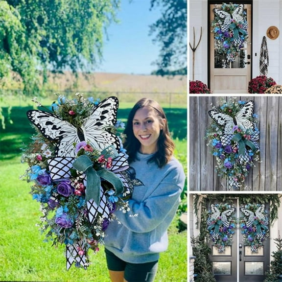 Rose Butterfly Wreath Colorful Simulated Flowers Fantasy Garland Summer Home Garden Wall Front Door Pendant Decoration