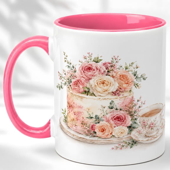 Rose Cake Tea Mug, Pink Floral Dessert Cup, Watercolor Cake and Teacup Art Gift for Her, Romantic Tea Party, Ceramic 11 Oz Mug