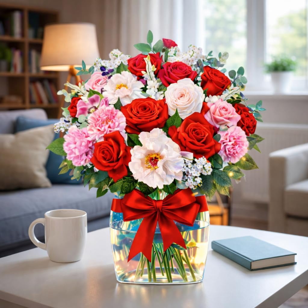 Rose Card with Music and Light, Mothers Day Roses, Flower Bouquet 3D Gift Card, Gifts for Women Mom Wife(Rose)