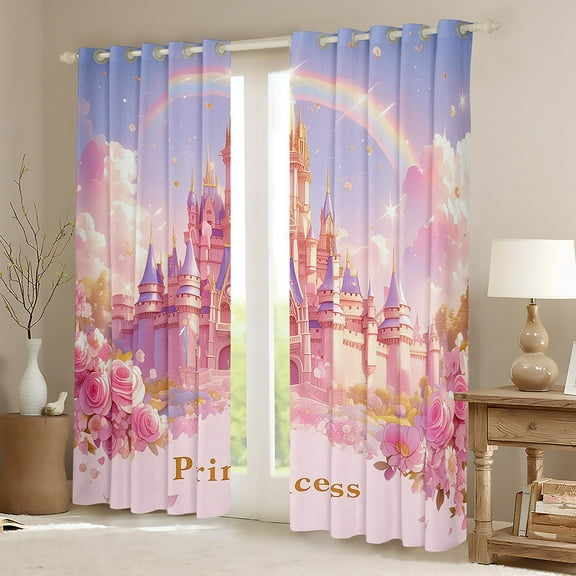 Rose Castle 30%-50% Blackout Curtains Dreamy Princess Theme Curtains,Pink Castle Decor Curtains & Drapes,Rainbow Glitter Floral (38Wx45L) 2 Panels Window Curtains Teens Bedroom
