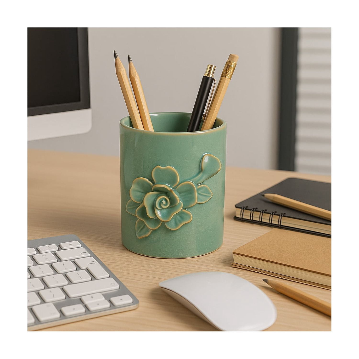 Rose Ceramic Desk Organizer for Workspace Display - Decorative Small Desk Accessory for Office Storage Accent - Complements and Verstaile Usage for Bathroom, Bedroom, or Home Decor - 4", Green