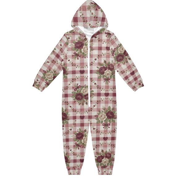 Rose Checkered Boys & Girls Hooded One-Piece Pajamas Warm Crystal velvet Hooded Long Sleeve Loungewear Jumpsuit Unisex