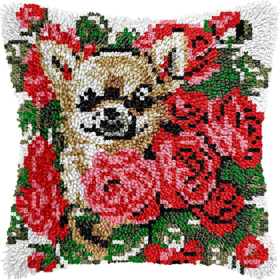 Rose Chihuahua Latch Hook Pillow Kits for DIY Handmade Throw Pillow Cushion Embroidery Latch Hooking Pillowcase Kits with Preprinted Canvas Crochet Yarn Kits 17''X 17''(g122)