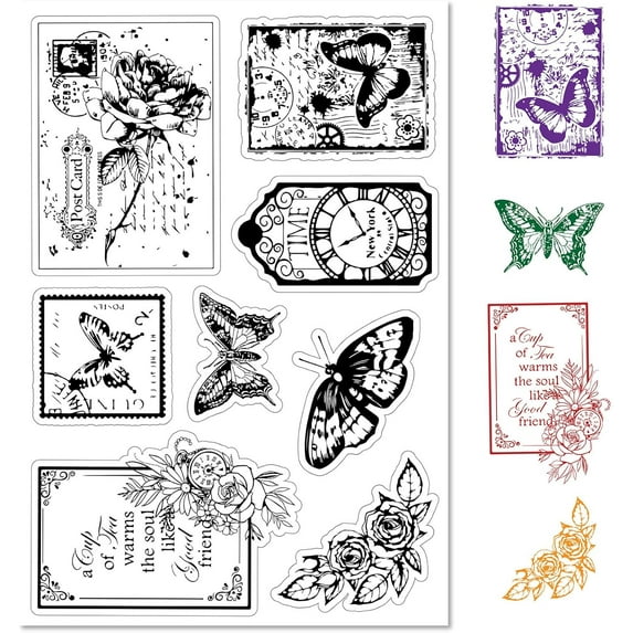 Rose Clear Rubber Stamps Butterfly Manuscript Words Post Cards Postmark Transparent Vintage Clock Silicone Seals Stamp Journaling Card Making DIY Scrapbooking Photo Album Decorative