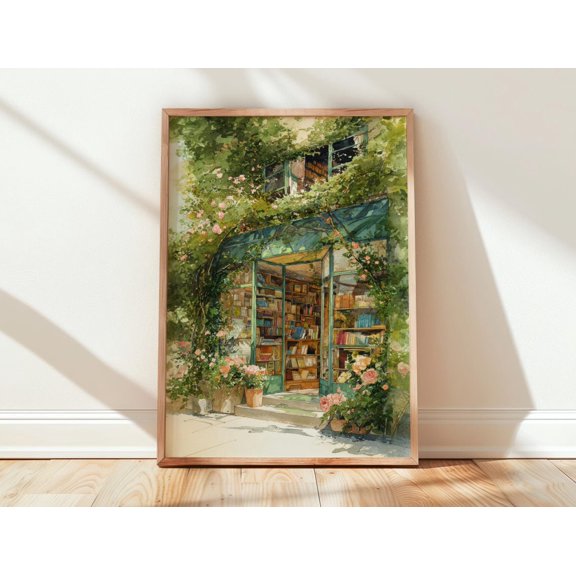 Rose Covered Floral Bookshop Wall Art Print, Unframed Paper Poster 8x10in