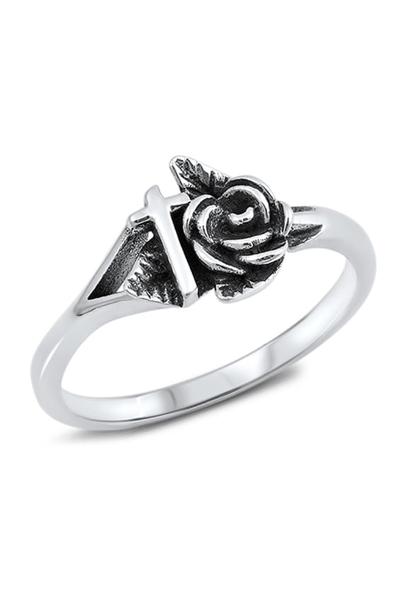 Rose Cross Leaf Oxidized Filigree Ring .925 Sterling Silver Band Jewelry Female Male Unisex Size 4