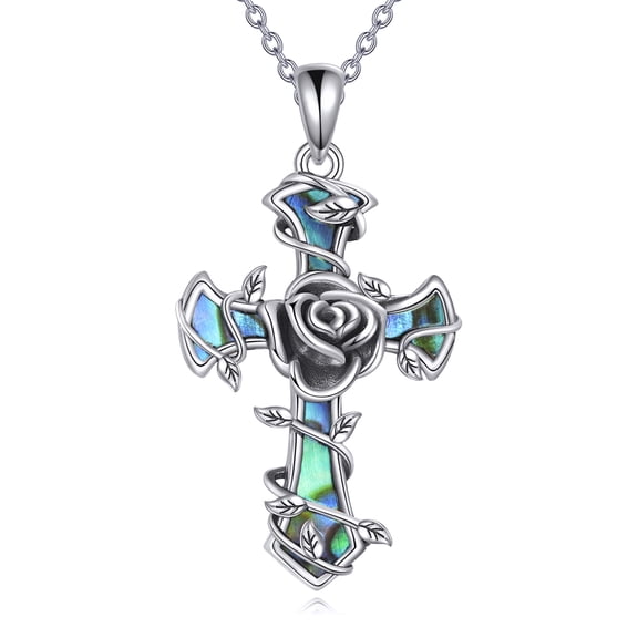 Rose Cross Necklace Sterling Silver Rose Flower Crucifix Pendant Religious Christian Jewelry Gifts For Women