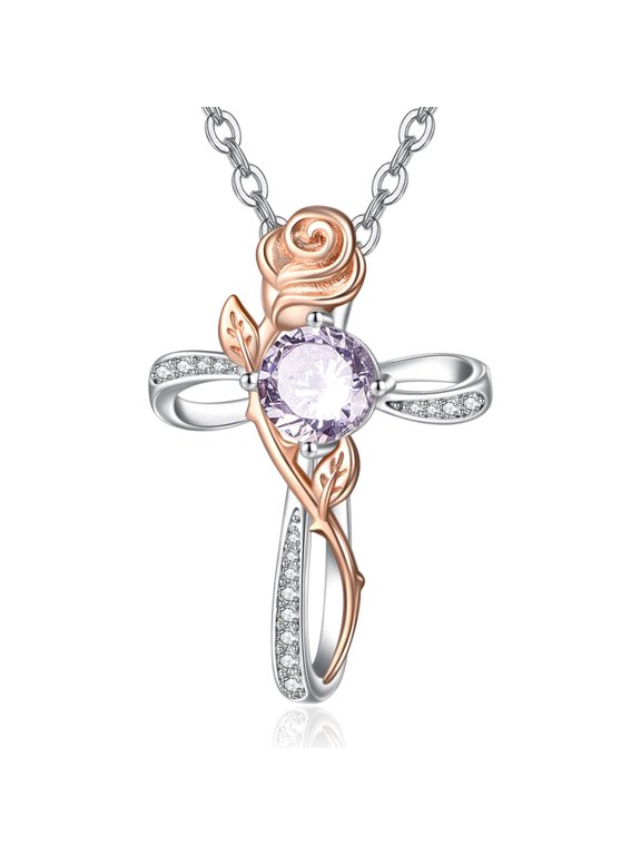 Rose Cross Necklace for Wife Sterling Silver Cross Rose Necklace June Birthstone Alexandrite Jewelry I Love You Forever Faith Jewelry everyday Anniversary Birthday Gifts for Women Mom Grandma