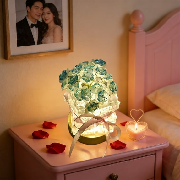 Rose Crystal Table Lamp,Rose Flower Lamp,Gifts for Women/Mother's Day/Mom/Grandma/Sister/Girlfriend Kitchen Bedroom Office Decor(Blue)