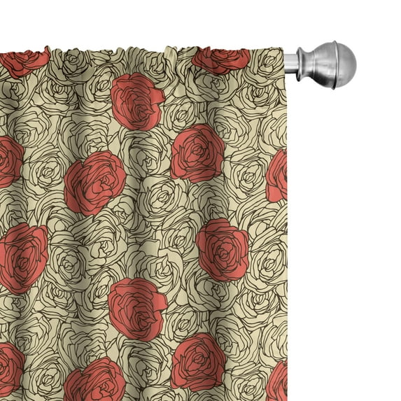 Rose Curtains 2 Panels Set, Hand Painted Style Flowerbed with Romantic Blossoms in Pastel Colors, Window Drapes for Living Room Bedroom, 56"W X 63"L, Dark Brown Vermilion, by Ambesonne