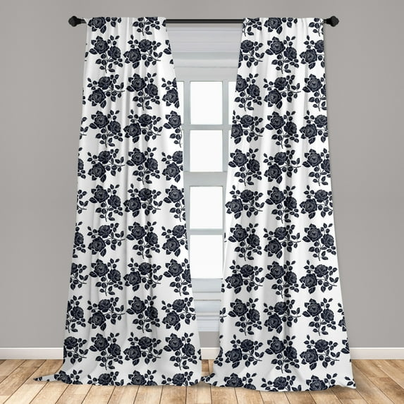 Rose Curtains 2 Panels Set, Romantic Composition with Petals and Foliage Leaves Monochrome Illustration, Window Drapes for Living Room Bedroom, 56"W X 95"L, Dark Blue and White, by Ambesonne