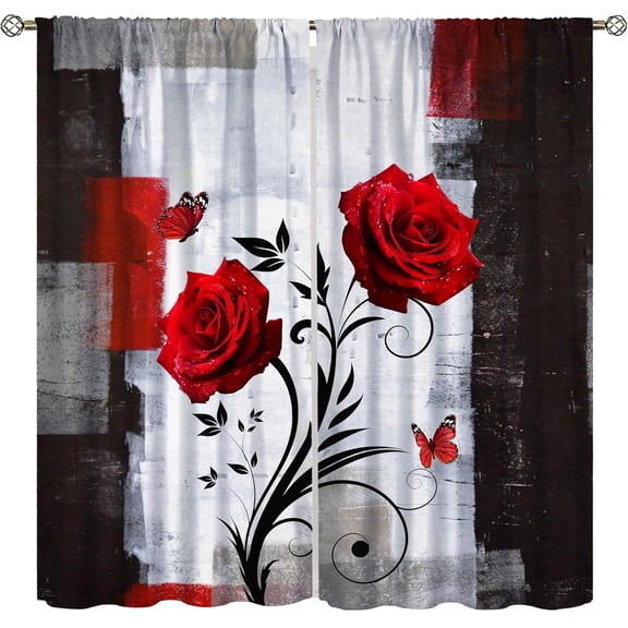 Rose Curtains, Vintage Abstract Art Botanical Line Red Flower Butterfly Blackout Window Treatments, Thermally Insulated Rod Pocket Drapes For Kids Girls Women Bedroom Living Room Bathroom 42x54in