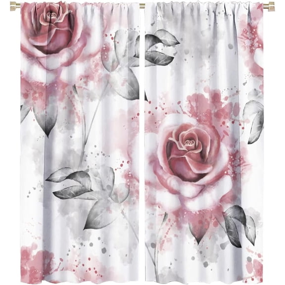 Rose Curtains Vintage Romantic Floral Pink Rose Gray Leaf White Living Room Bedroom Kitchen Rod Pocket Blackout Window Drapes 72x63in
