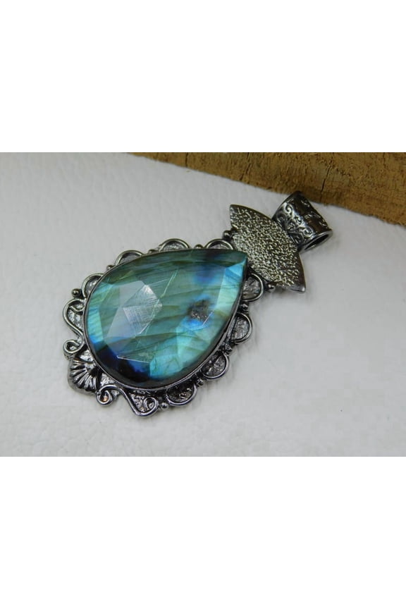 Rose Cut Labradorite Teardrop Brass Pendant  Handmade Brass Pendant  Unique Tribal-Inspired Boho Black Rhodium Polished Gypsy Pendant