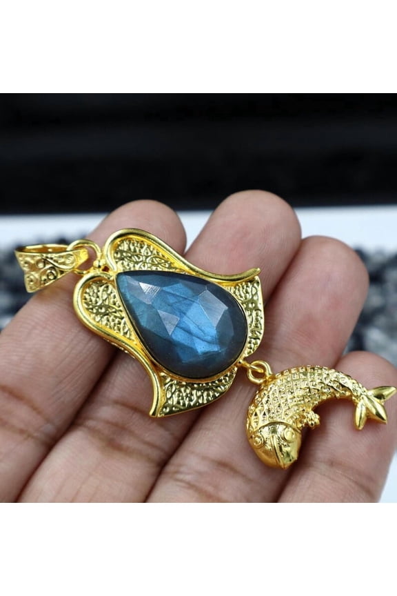 Rose Cut Labradorite With Fish Charm Nature Inspired Big Brass Pendant Handmade Brass Unique Boho Gold Plated Textured Gypsy Pendant