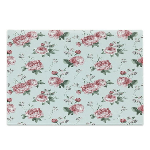 Rose Cutting Board, Blooming English Rose Watercolor Painting Style Garden Shabby Form Wild Flowers, Decorative Tempered Glass Cutting and Serving Board, Large Size, Reseda Green Pink, by Ambesonne