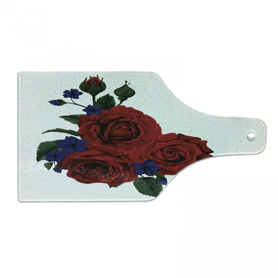 Rose Cutting Board, Blooming Red Roses Gentle Wild Flowers Leaves Bouquet Corsage, Decorative Tempered Glass Cutting and Serving Board, Wine Bottle Shape, Hunter Green Violet Blue, by Ambesonne