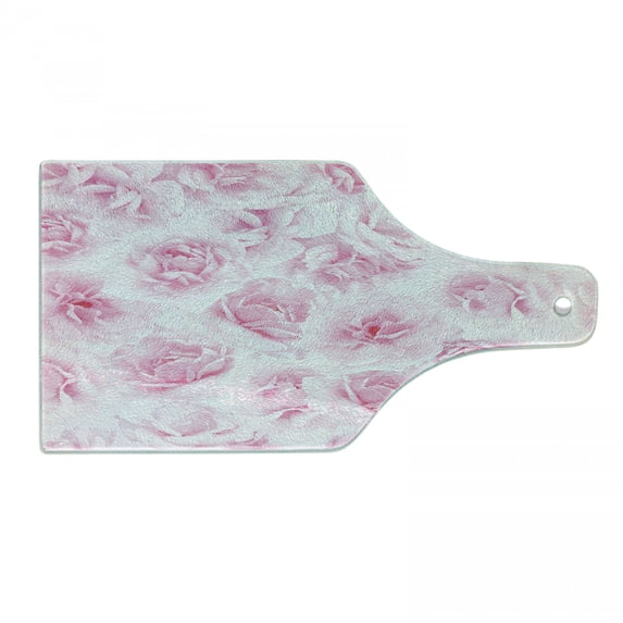 Rose Cutting Board, Plenty of Roses Passion Sentiment Concept Affection Emotions Admiration Work, Decorative Tempered Glass Cutting and Serving Board, Wine Bottle Shape, Soft Pink, by Ambesonne