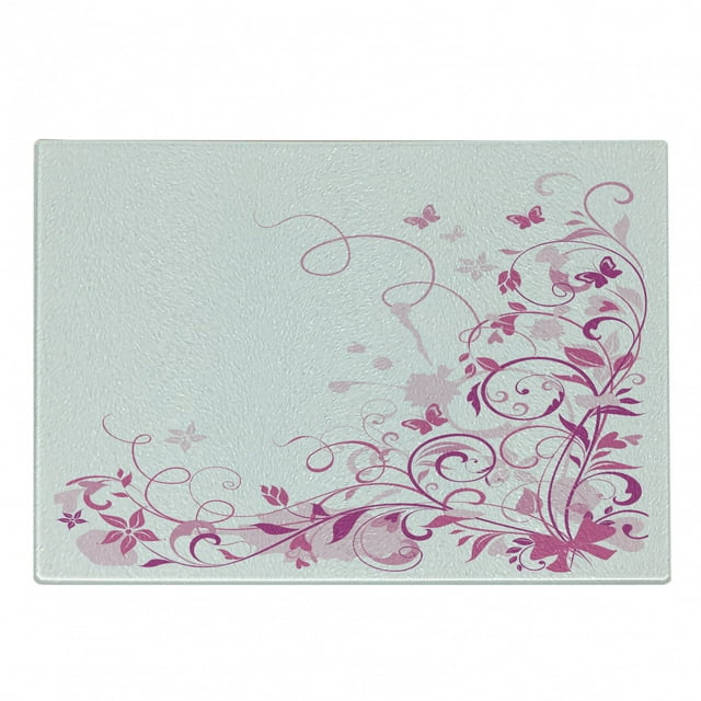 Rose Cutting Board, Swirling Leaves with Blossoms and Butterflies Dreamlike Natural Composition, Decorative Tempered Glass Cutting and Serving Board, Small Size, Rose Pink and Magenta, by Ambesonne
