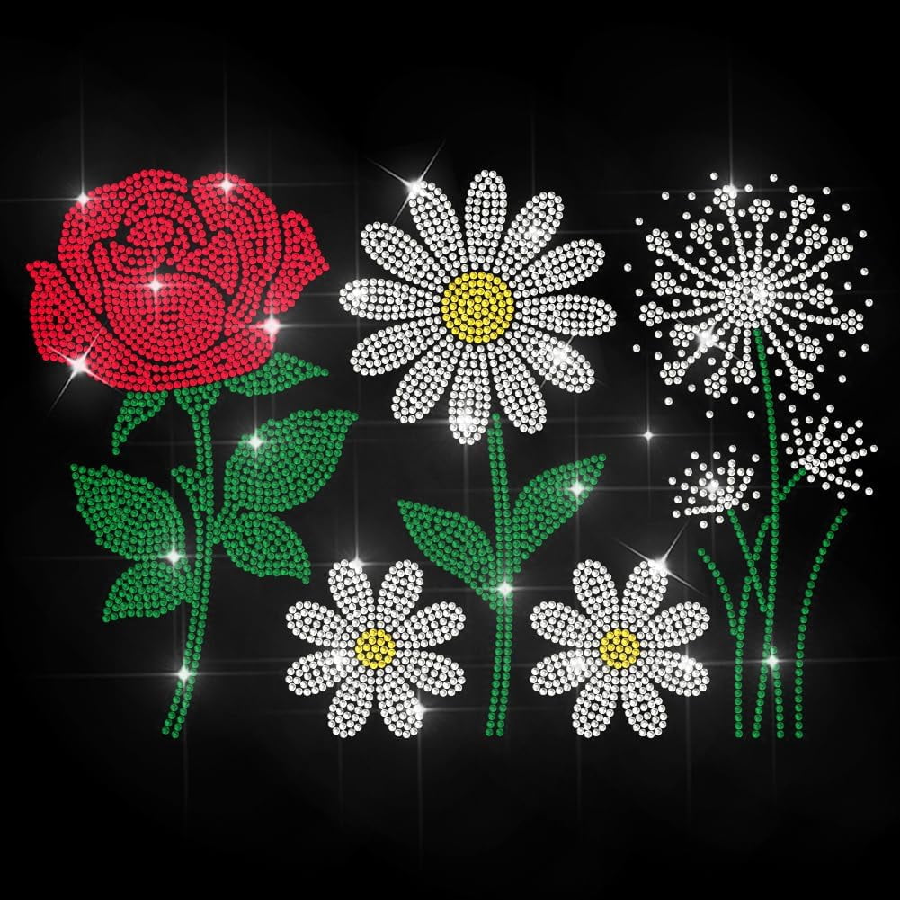 Rose Daisy Rhinestone Iron on Decal Dandelion Flower Hotfix Transfer ...