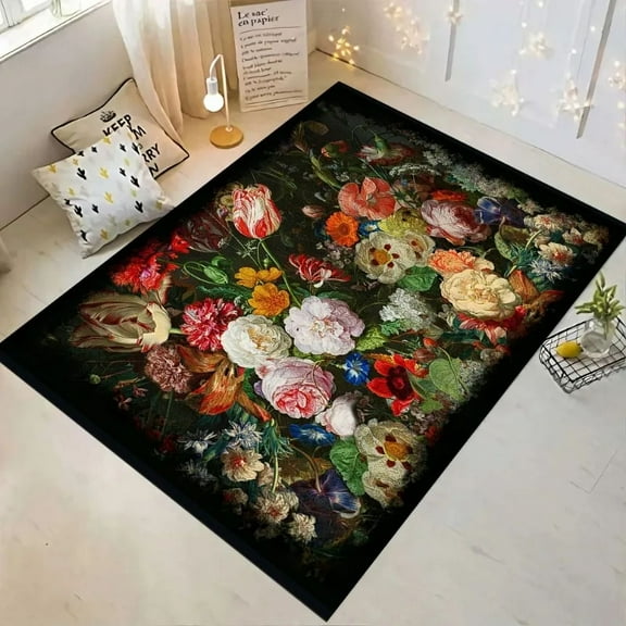 Rose Dark Flowers Pattern Living Room Rug Floral Carpet Bohemian Bedroom rative Rug Washable Rugs Non-slip Mat