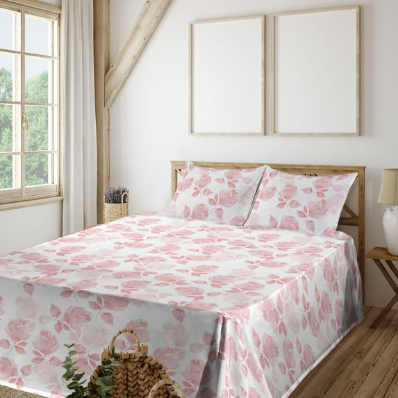 Ambesonne Rose Design Fitted & Flat Sheet with Shams 4 Pcs Set, Vintage Floral Delicate, Full, Rose White Blush
