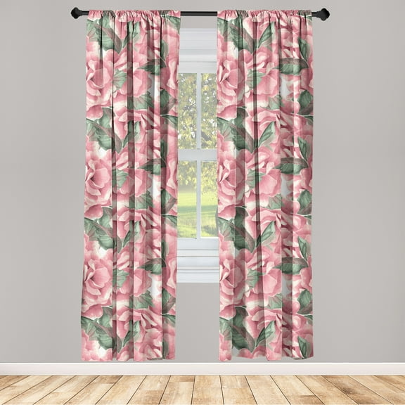 Rose Design Window Curtains, Vintage Pattern of Delicate Flowers Boho with Leaves Greenery Art, Lightweight Decor 2-Panel Set with Rod Pocket, Pair of - 28"x84", Pale Pink Peacock Green, by Ambesonne